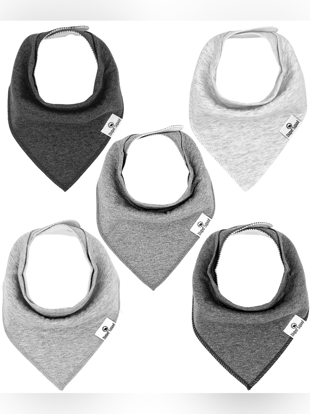 Diaper Squad 5 pack Grey Organic Cotton & Fleece Baby Bandana Drool Bibs Set